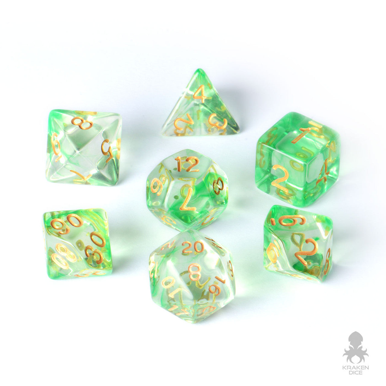 Verdant Fog Translucent 7pc Dice Set With Green Swirls and Gold Ink