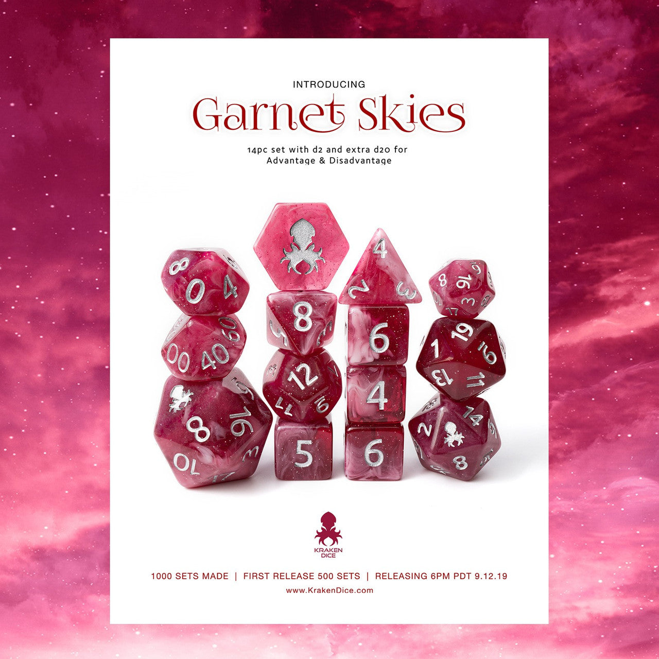 Garnet Skies 14pc Dice Set Inked in Silver