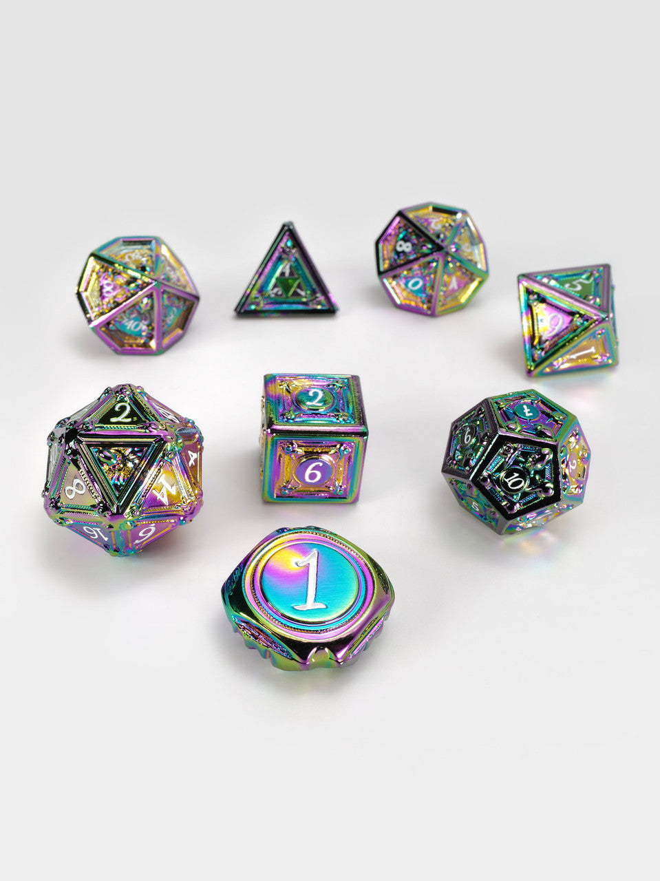 Geometric Horrors: Ghostly Rainbow Eyes TTRPG Dice Set
