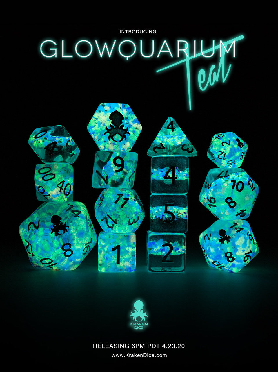 Glowquarium Teal 14pc Polyhedral Dice set with Glow in the Dark Particles