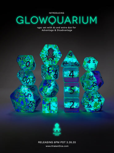 Glowquarium 14pc Polyhedral Dice set with Glow in the Dark Particles
