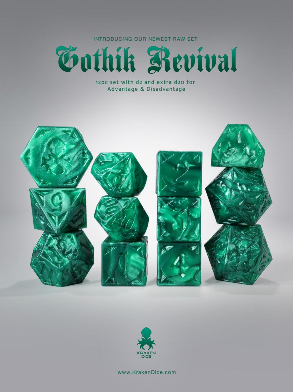 RAW Dark Green Gothik Revival  RPG 12pc Dice Set