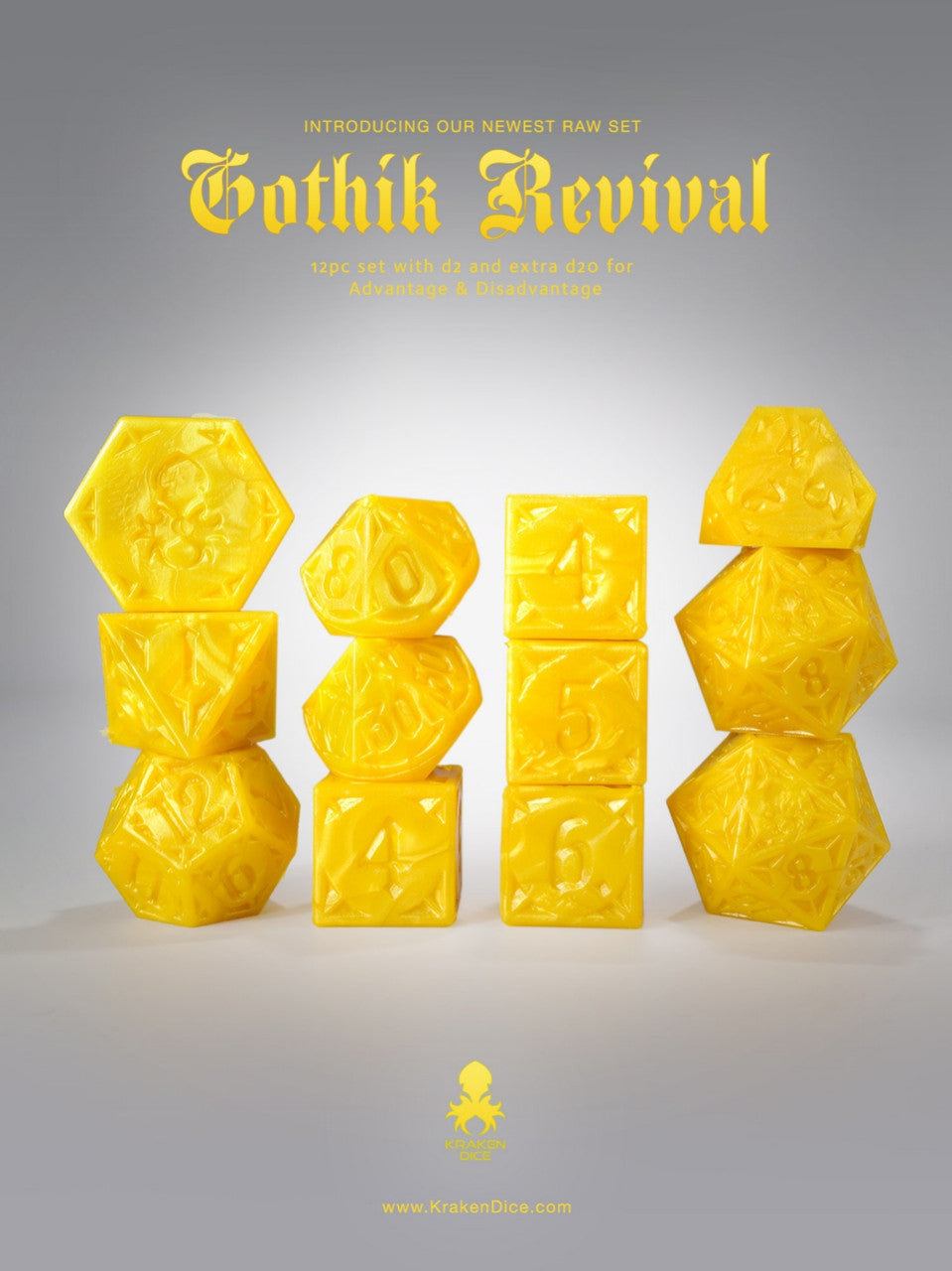 RAW Yellow Gothik Revival  RPG 12pc Dice Set