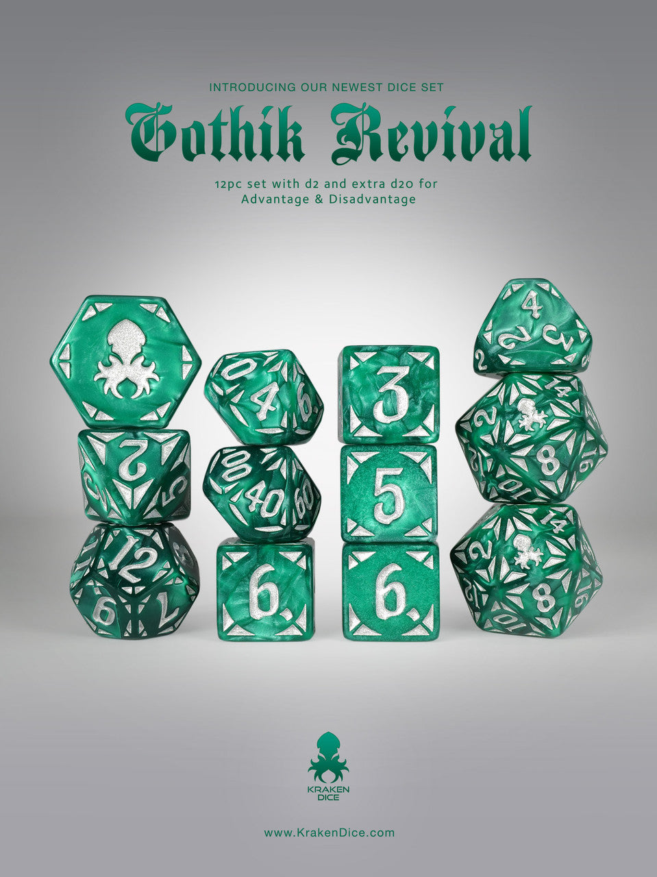 Green Gothik Revival  RPG 12pc Dice Set