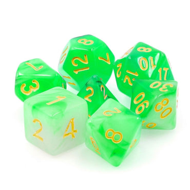 Green Milky 7pc Dice Set Set inked in Gold
