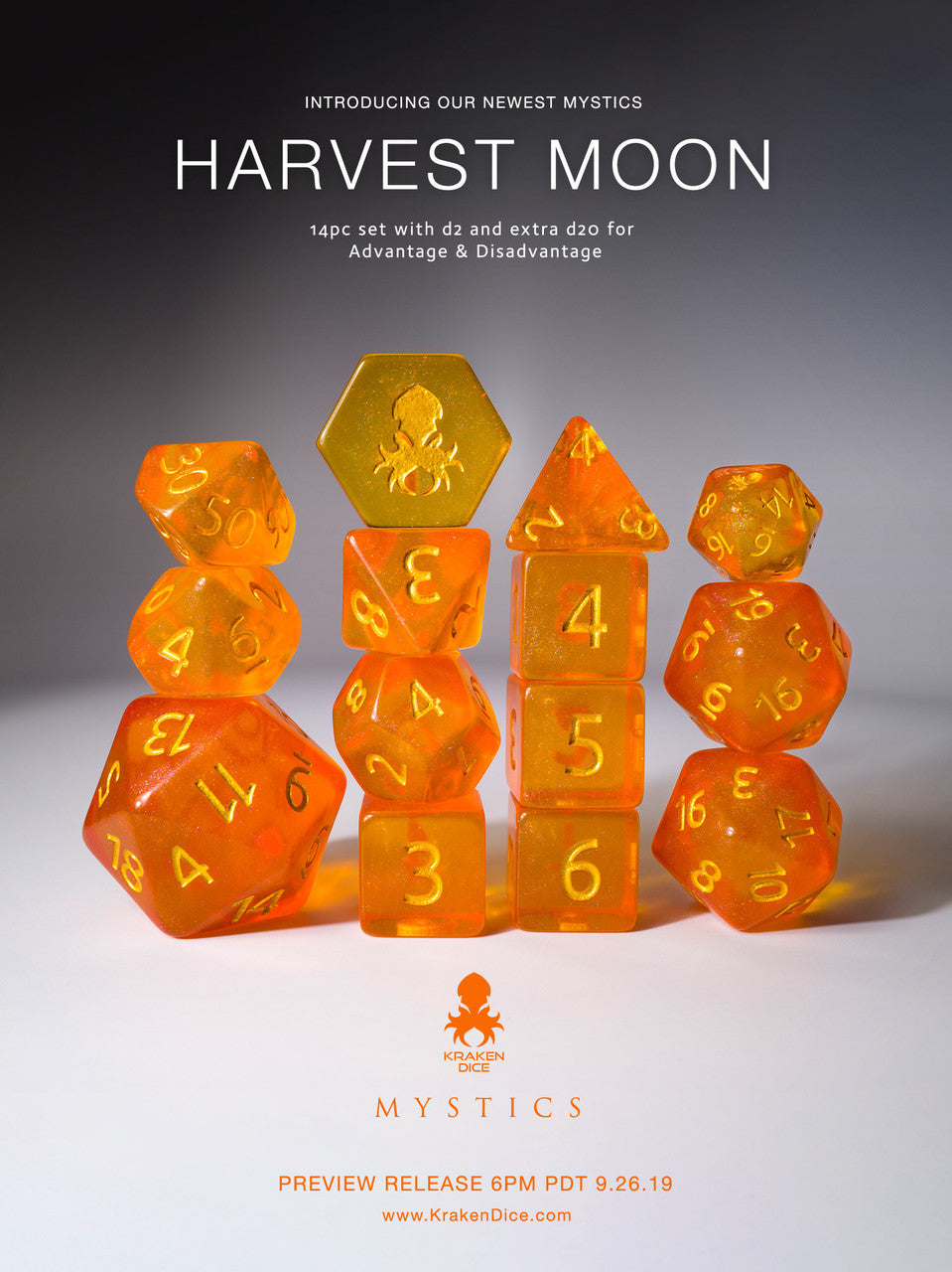 Harvest Moon 14pc Gold Ink Dice Set With Kraken Logo