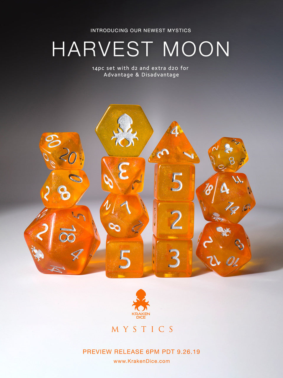 Harvest Moon 14pc Silver Ink Dice Set With Kraken Logo