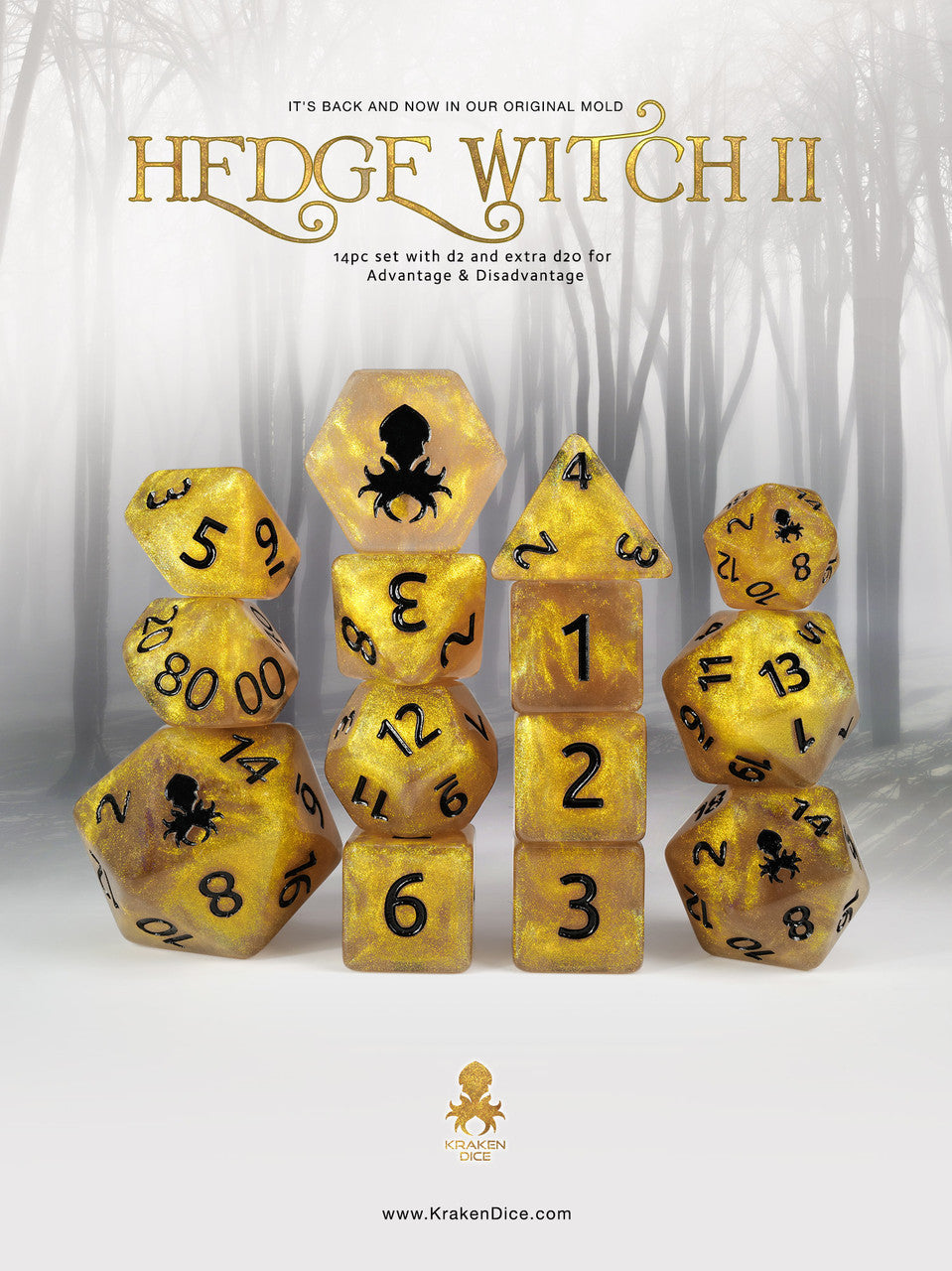 Hedge Witch 2: Gold Shimmer 14pc Black Ink Dice Set – Kraken Dice