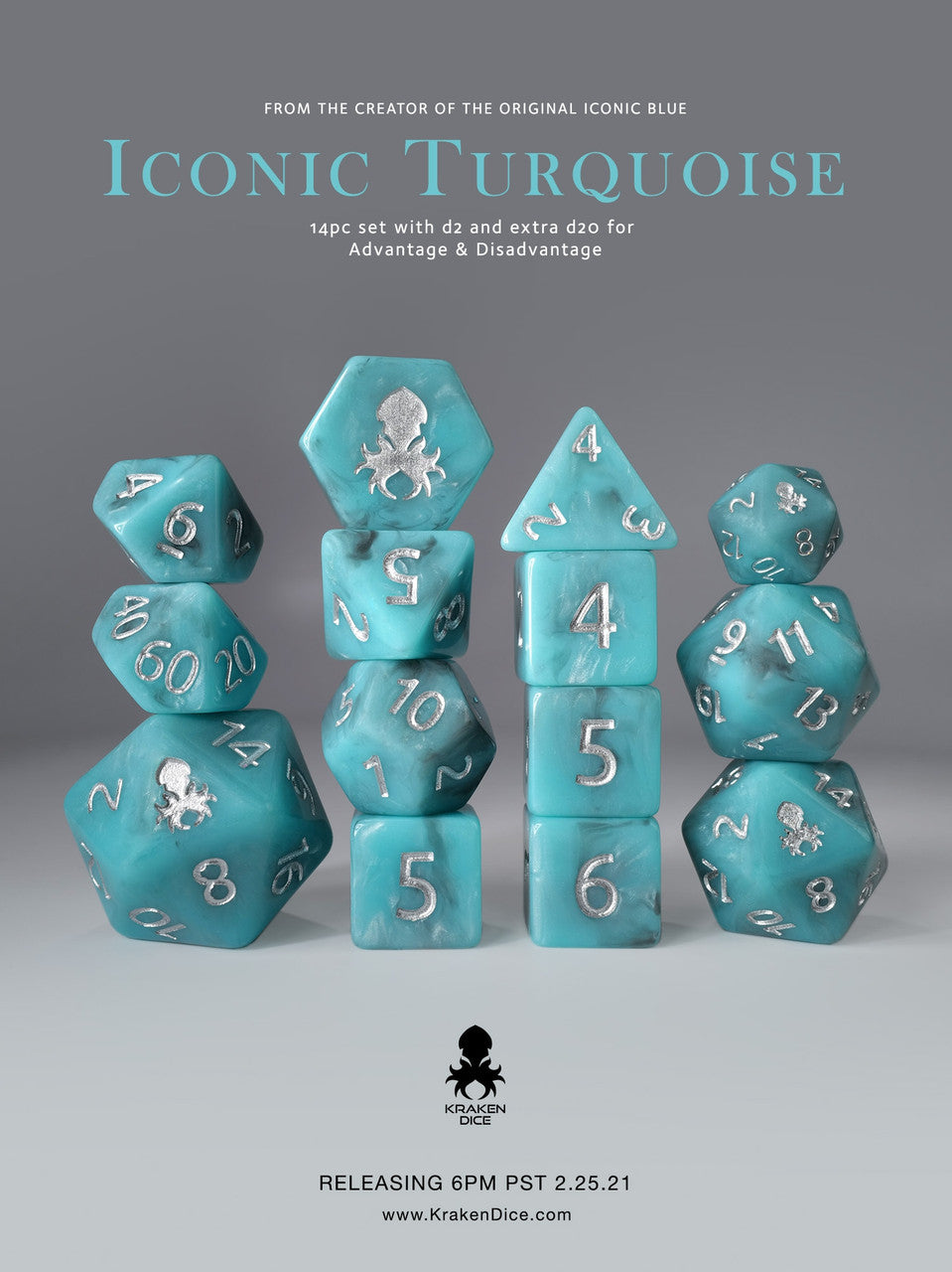 14pc Iconic Turquoise Polyhedral Dice Set with Silver Ink