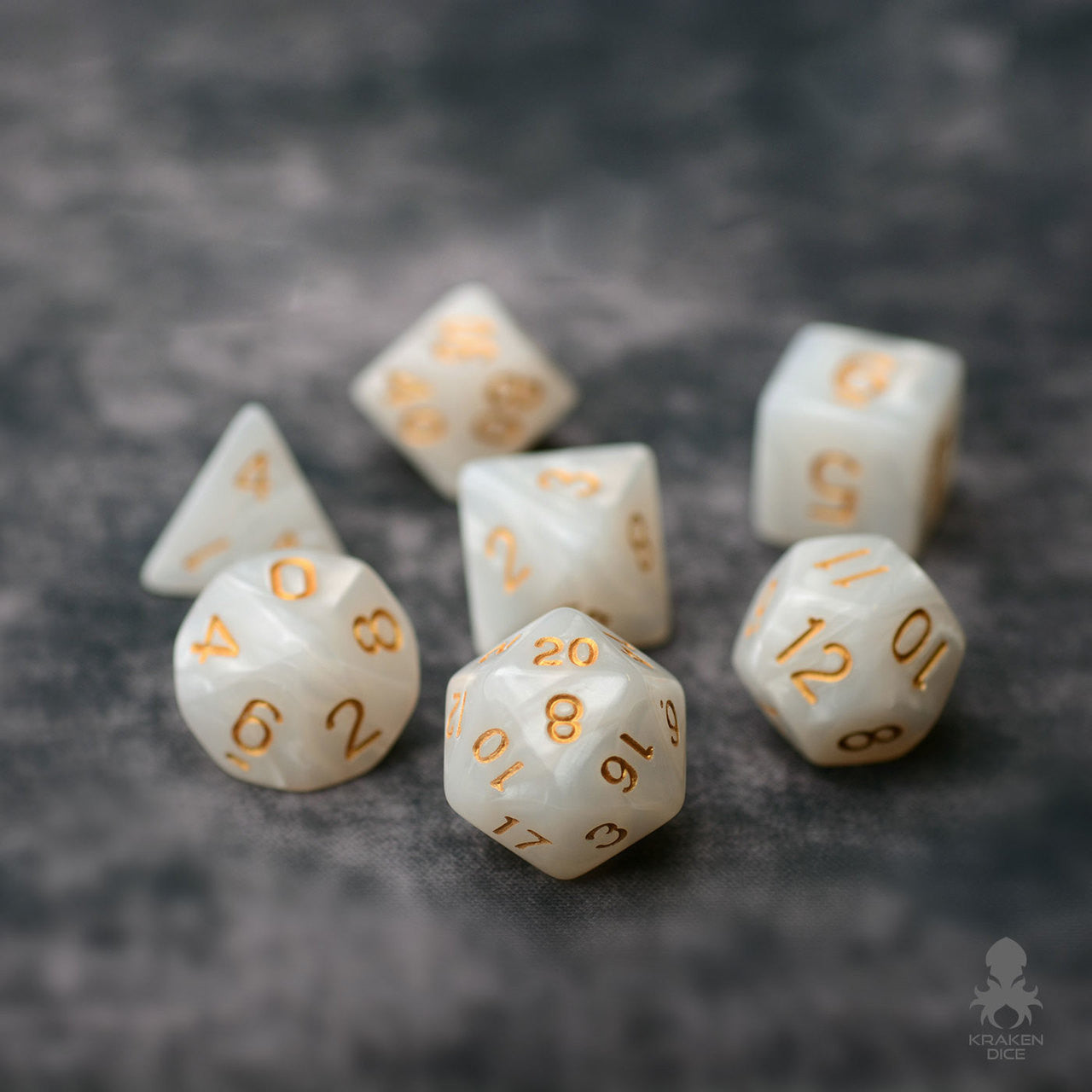 White Pearl 7pc Dice Set Inked in Gold