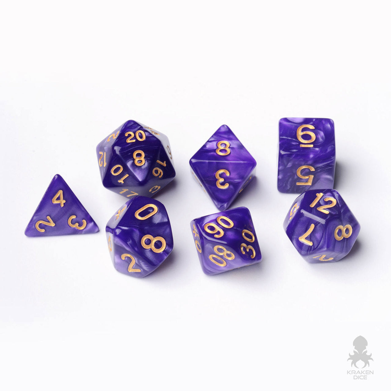 Purple Pearl 7pc Dice Set inked in Gold