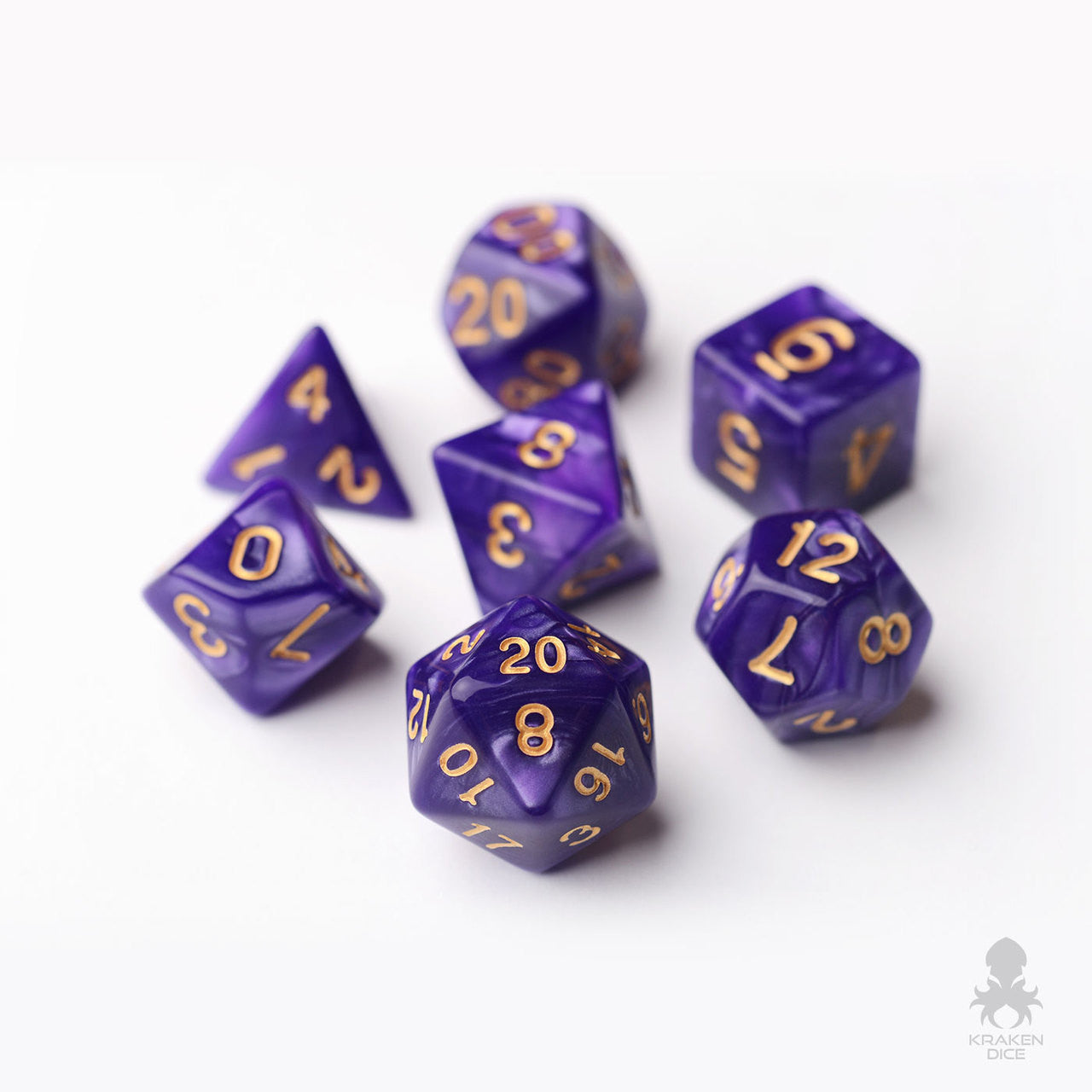 Purple Pearl 7pc Dice Set inked in Gold