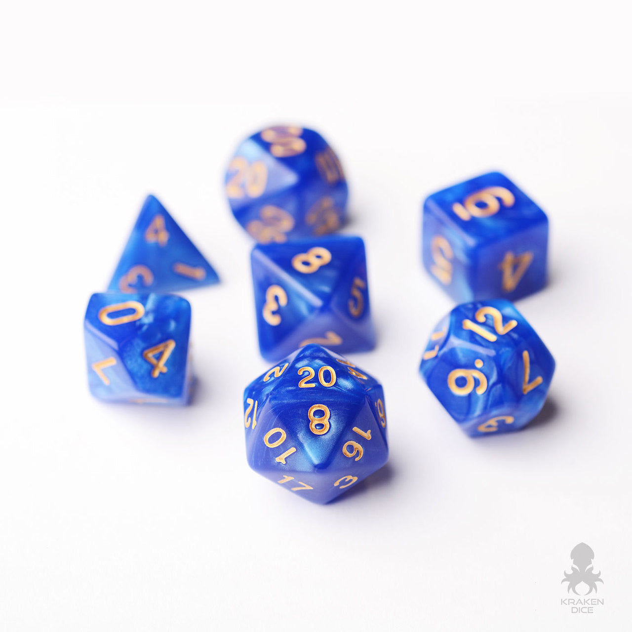 Blue Pearl 7pc Dice Set inked in Gold