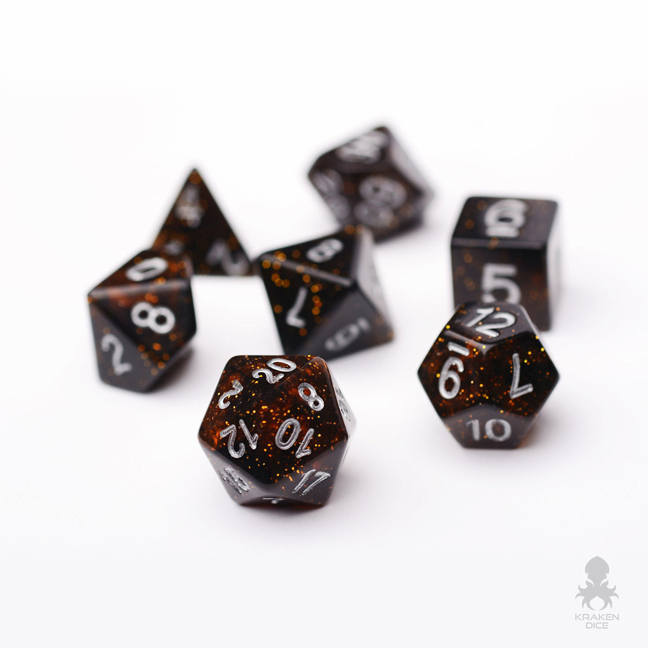 Orange Galaxy 7pc Dice Set inked in Silver