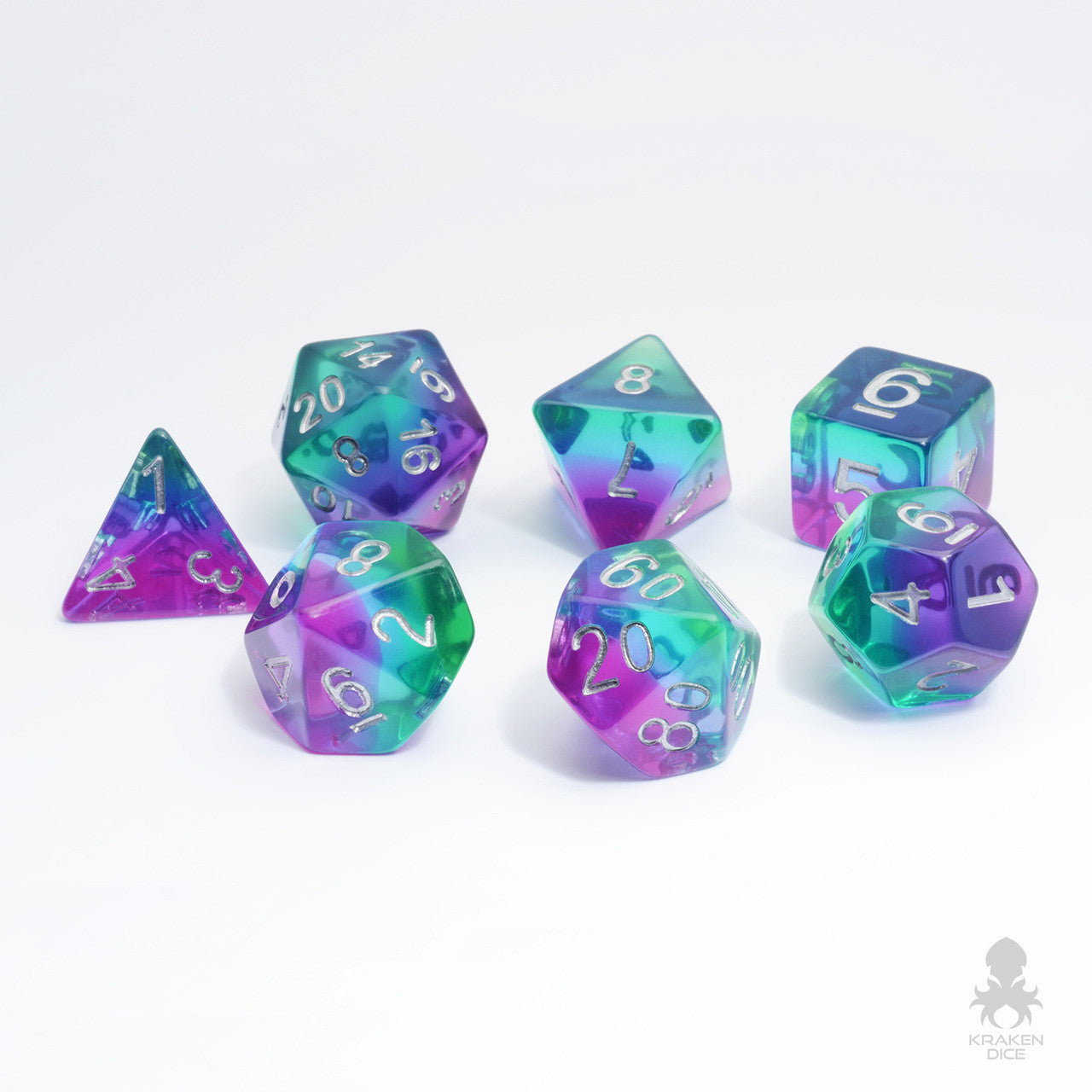 Mermaid Glass Translucent 7pc Dice Set inked in Silver