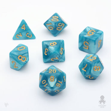 Blue Lake Pearl 7pc Dice Set inked in Gold