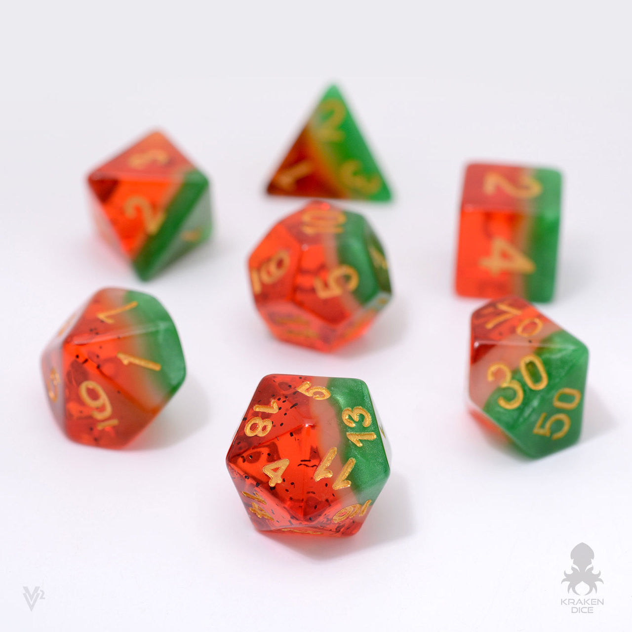 Watermelon 7pc Dice Set Inked in Gold