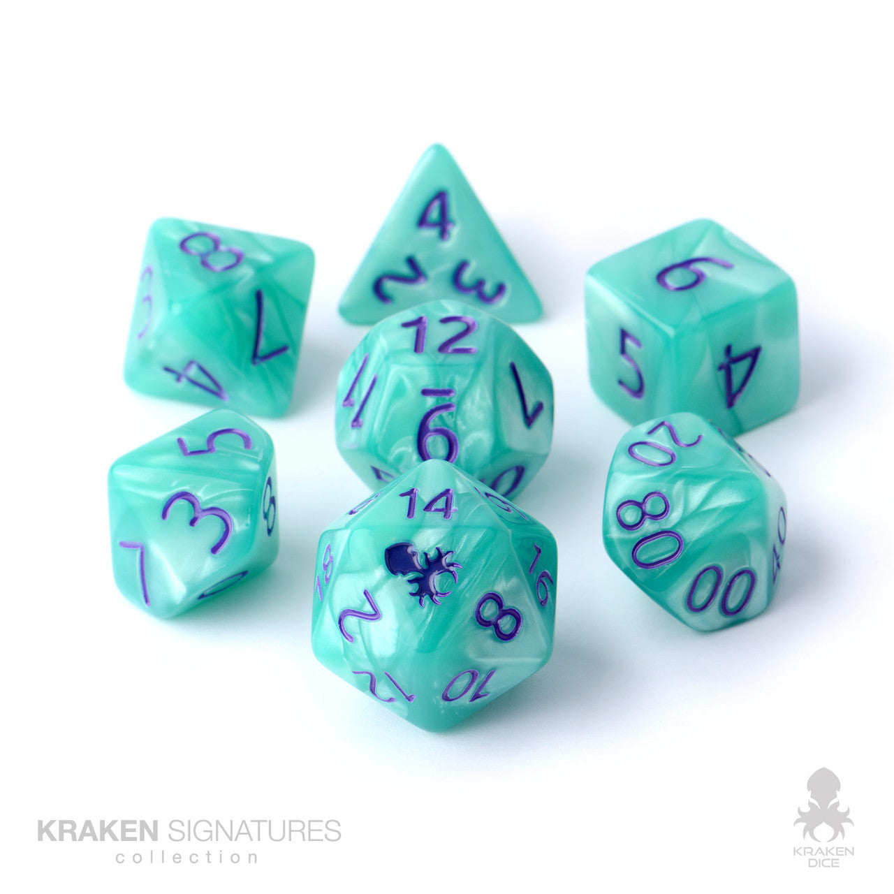 Kraken Signature's 7pc Aqua with Purple Ink Polyhedral RPG Dice Set