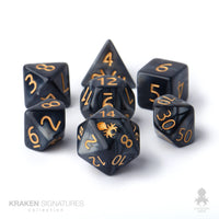 Kraken Signature's 7pc Black with Gold Ink Polyhedral RPG Dice Set