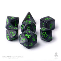 Kraken Signature's 7pc Black with Green Ink Polyhedral RPG Dice Set