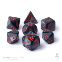 Kraken Signature's 7pc Black with Red Ink Polyhedral RPG Dice Set