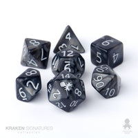 Kraken Signature's 7pc Black with Silver Ink Polyhedral RPG Dice Set