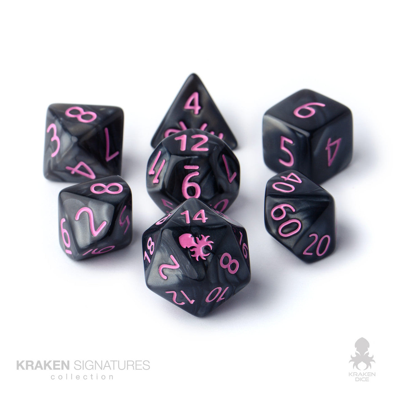 Kraken Signature's 7pc Black with Pink Ink Polyhedral RPG Dice Set