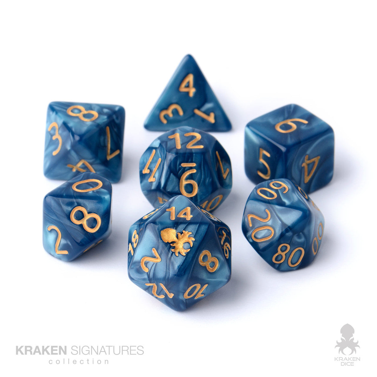 Kraken Signature's 7pc Cadet Blue with Gold Ink Polyhedral RPG Dice Set