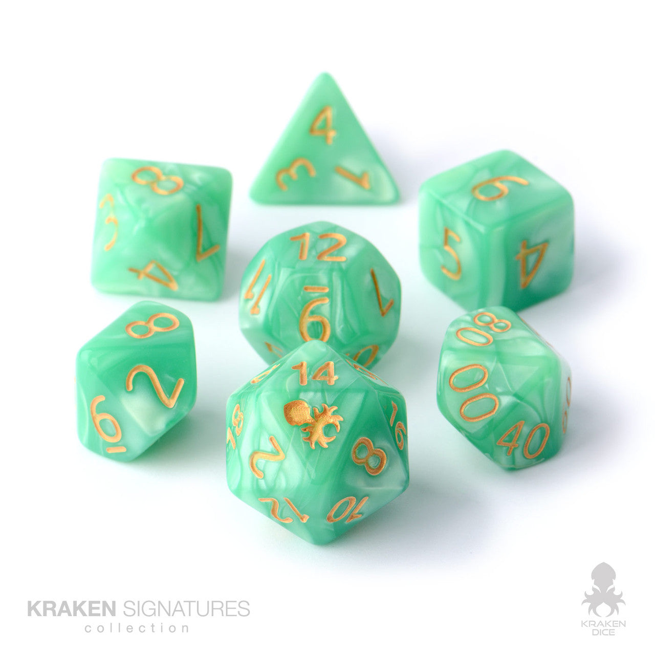 Kraken Signature's 7pc Spring Green with Gold Ink Polyhedral RPG Dice Set