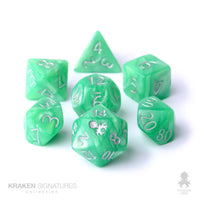 Kraken Signature's 7pc Spring Green with Silver Ink Polyhedral RPG Dice Set