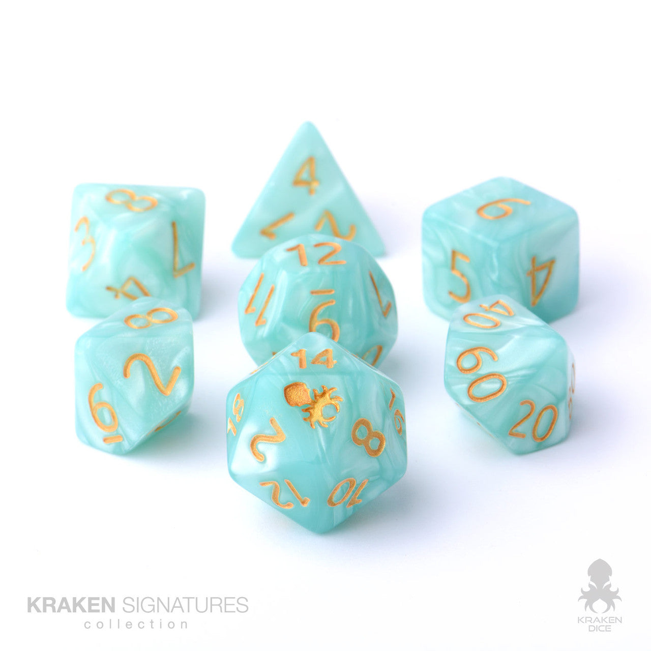 Kraken Signature's 7pc Light Aqua with Gold Ink Polyhedral RPG Dice Set