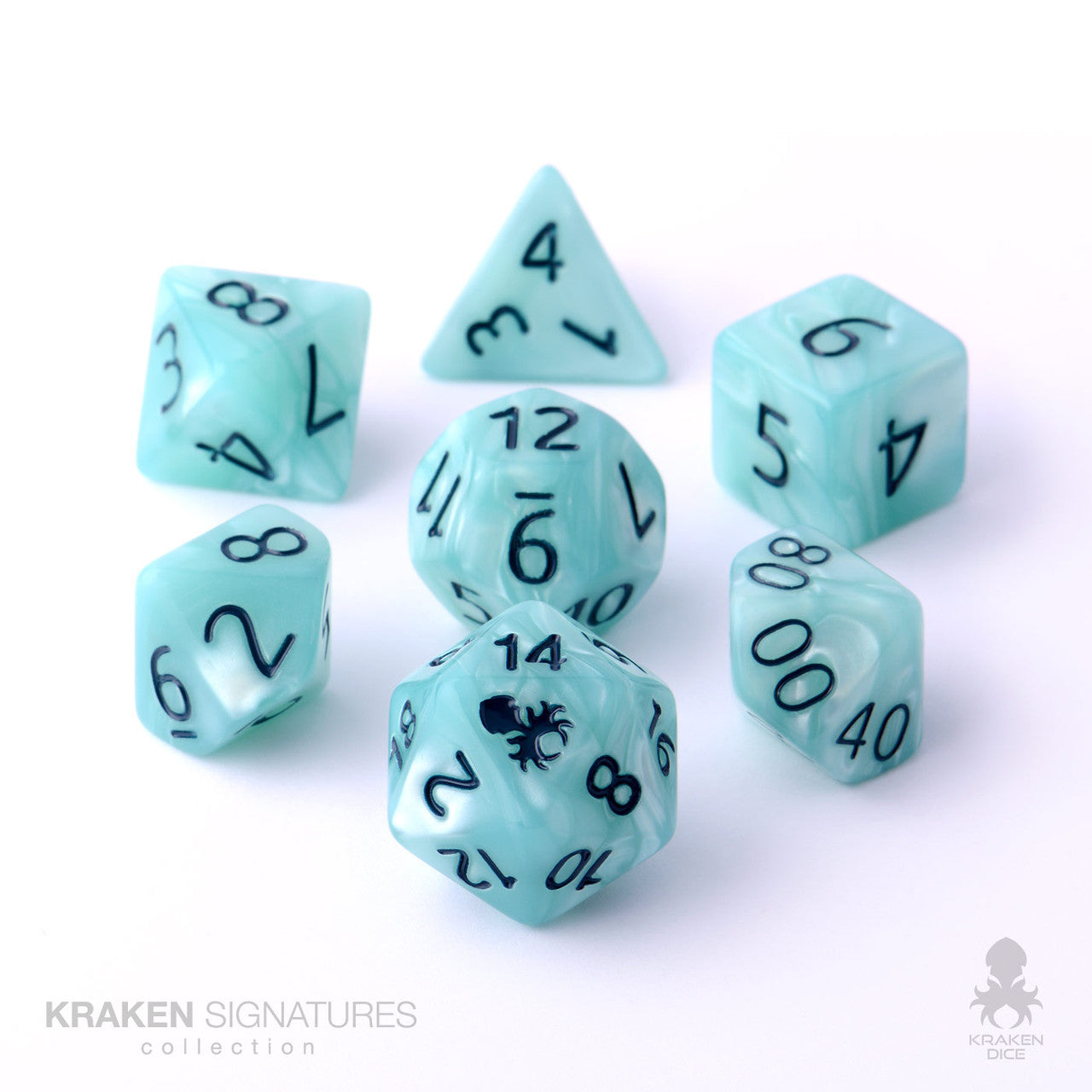 Kraken Signature's 7pc Light Aqua with Dark Blue Ink Polyhedral RPG Dice Set