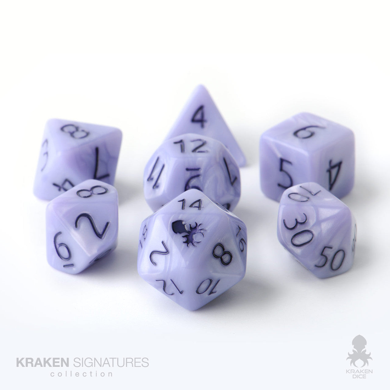 Kraken Signature's 7pc Periwinkle with Purple Ink Polyhedral RPG Dice Set