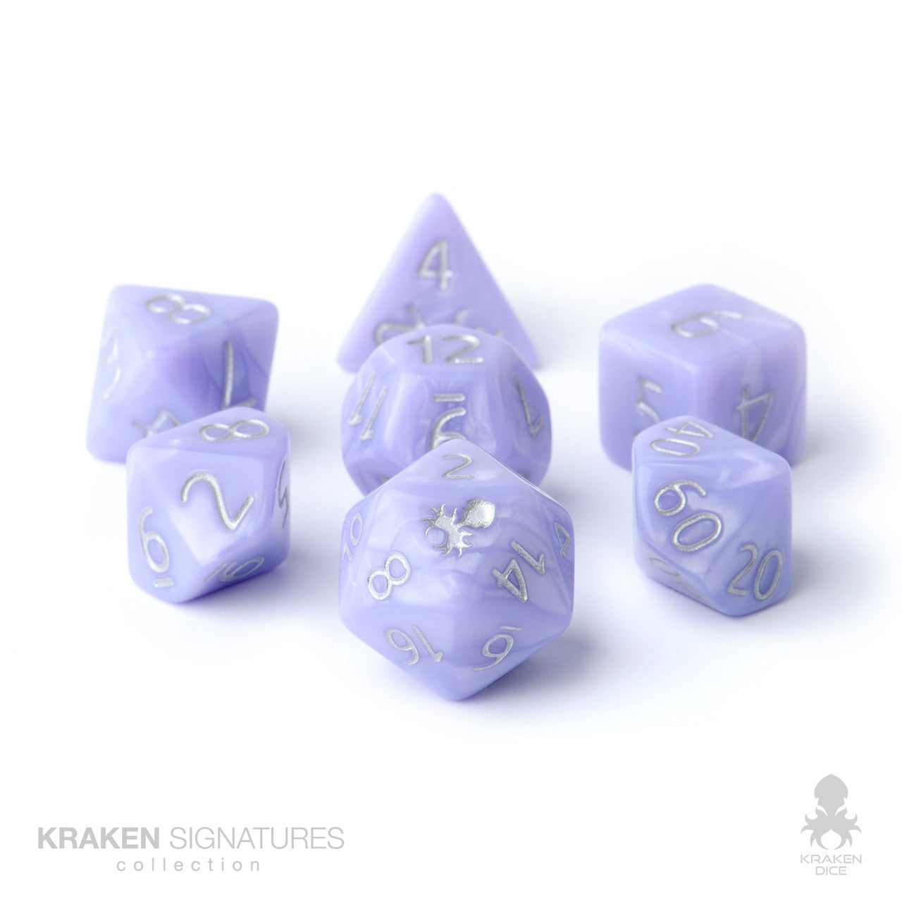 Kraken Signature's 7pc Periwinkle with Silver Ink Polyhedral RPG Dice Set