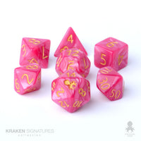 Kraken Signature's 7pc Pop Pink with Gold Ink Polyhedral RPG Dice Set