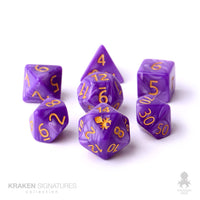 Kraken Signature's 7pc Purple with Gold Ink Polyhedral RPG Dice Set