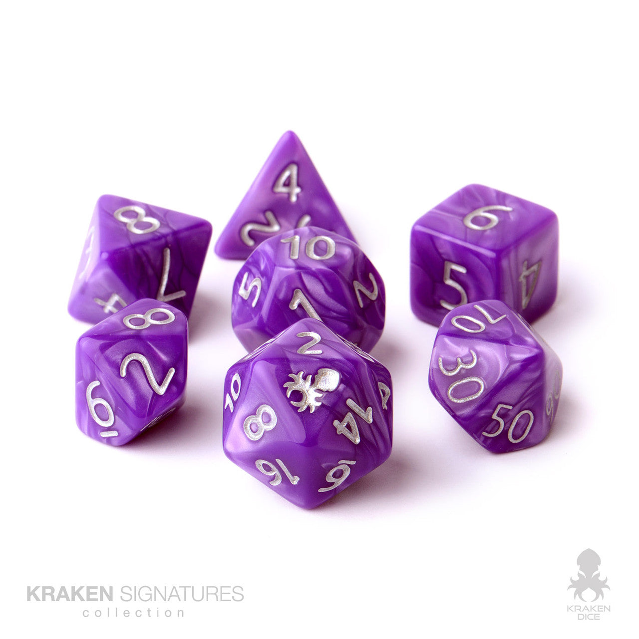 Kraken Signature's 7pc Purple with Silver Ink Polyhedral RPG Dice Set