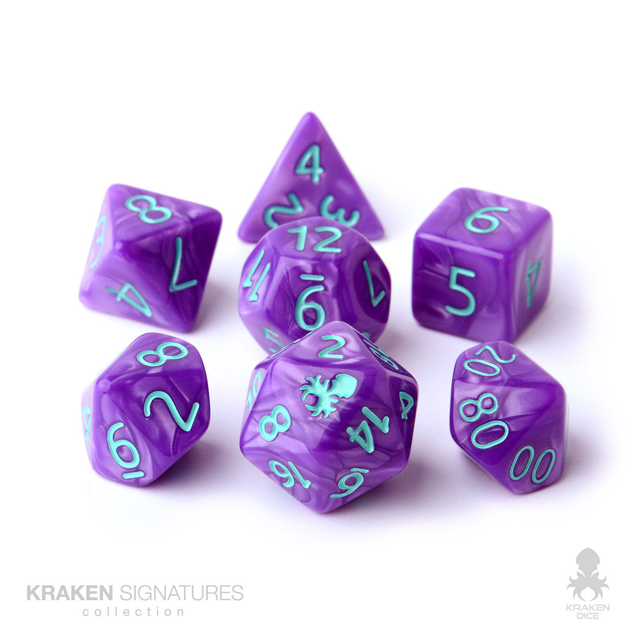 Kraken Signature's 7pc Purple with Teal Ink Polyhedral RPG Dice Set