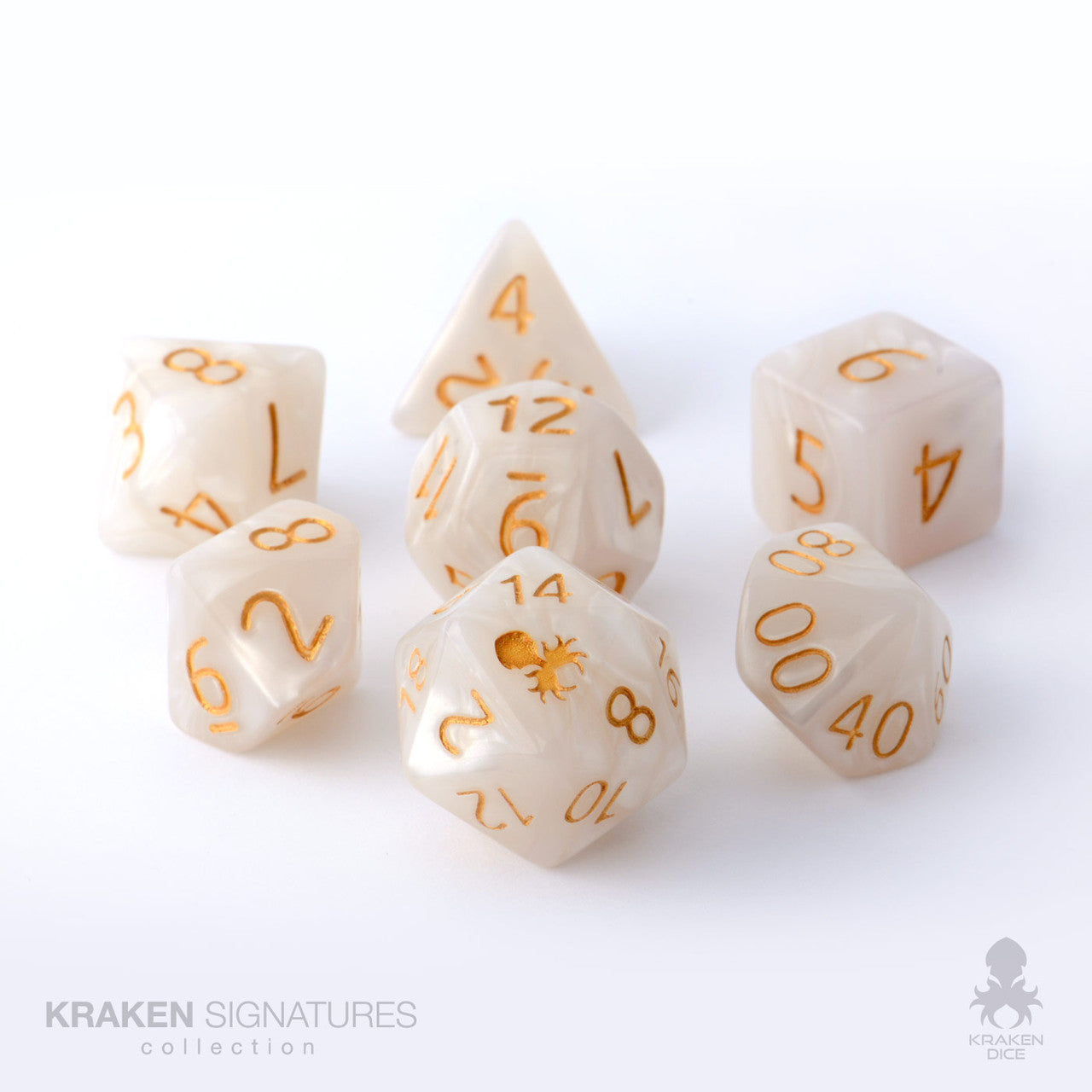 Kraken Signature's 7pc White with Gold Ink Polyhedral RPG Dice Set