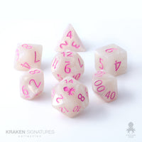 Kraken Signature's 7pc White with Pink Ink Polyhedral RPG Dice Set