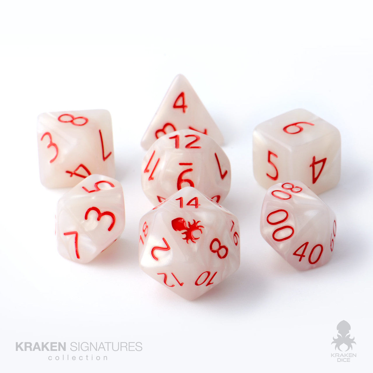 Kraken Signature's 7pc White with Red Ink Polyhedral RPG Dice Set