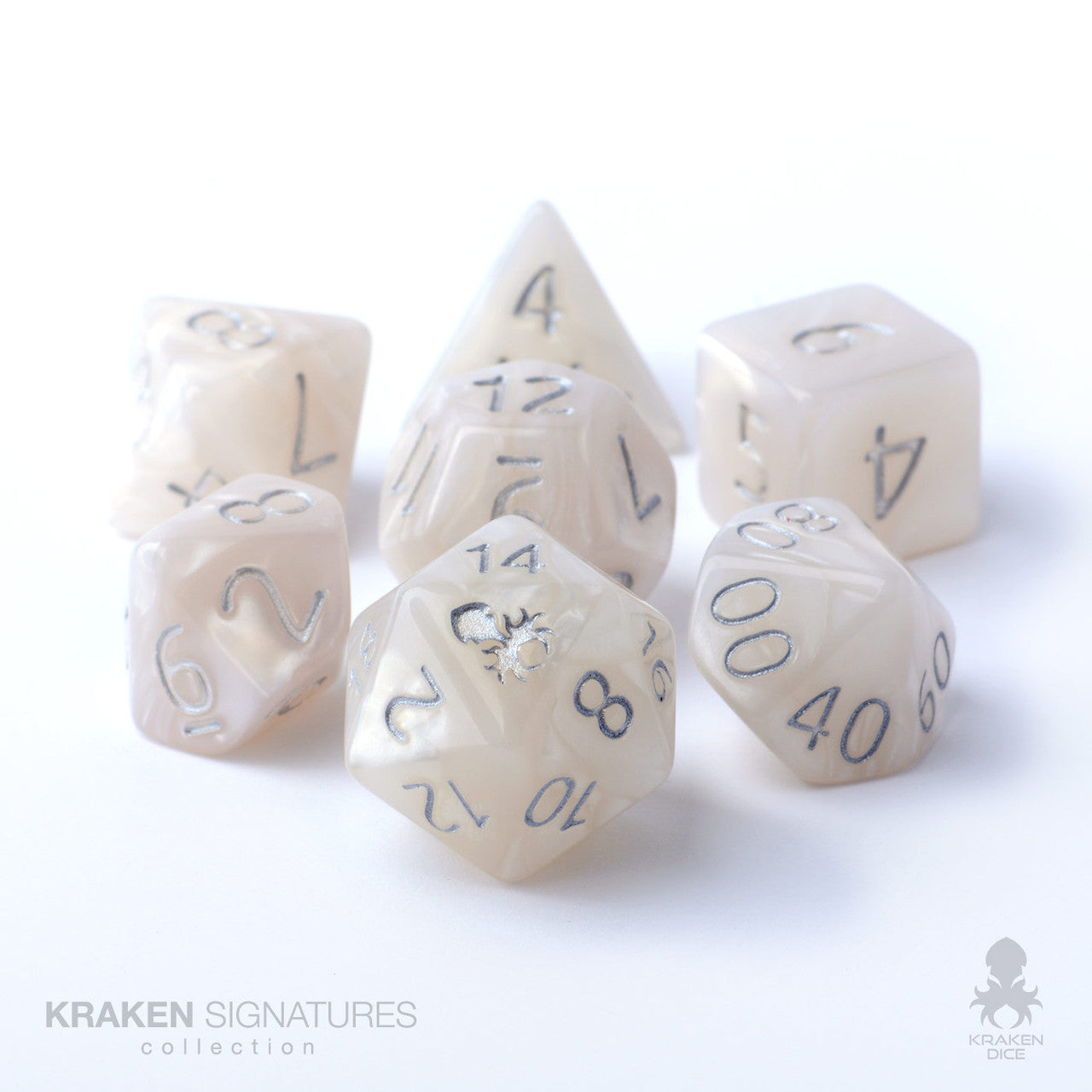 Kraken Signature's 7pc White with Silver Ink Polyhedral RPG Dice Set