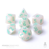 Kraken Signature's 7pc White with Teal Ink Polyhedral RPG Dice Set