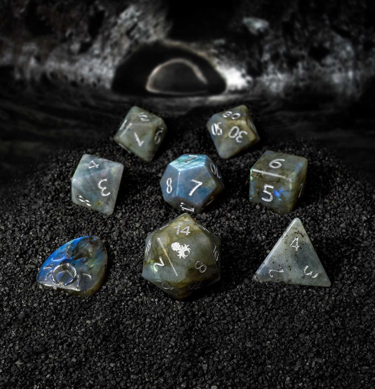 Labradorite  Semi-Precious 8 pc Glass Dice Set with Kraken Logo for RPGs