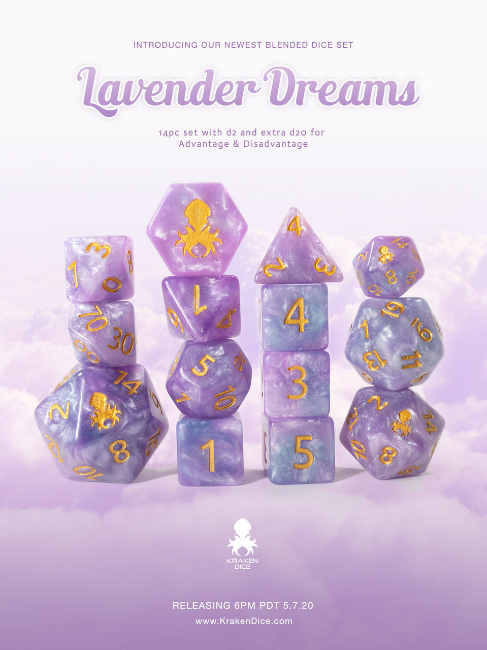 Lavender Dreams 14pc Dice Set Inked in Gold