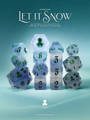 Let It Snow 14pc UV Reactive Dice Set for TTRPGs inked in Green