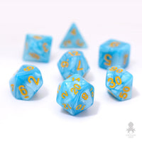 Light Blue Pearl 7pc Dice Set inked in Yellow