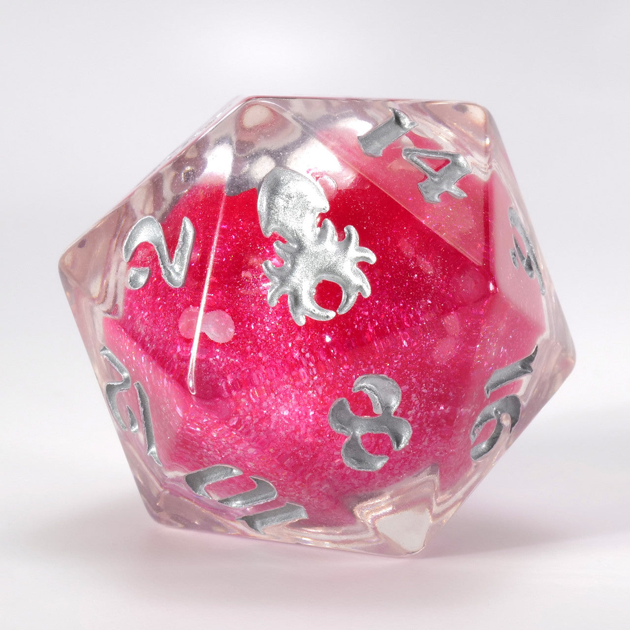 34mm Clear Liquid Core Red Glitter Single D20 with Silver Ink