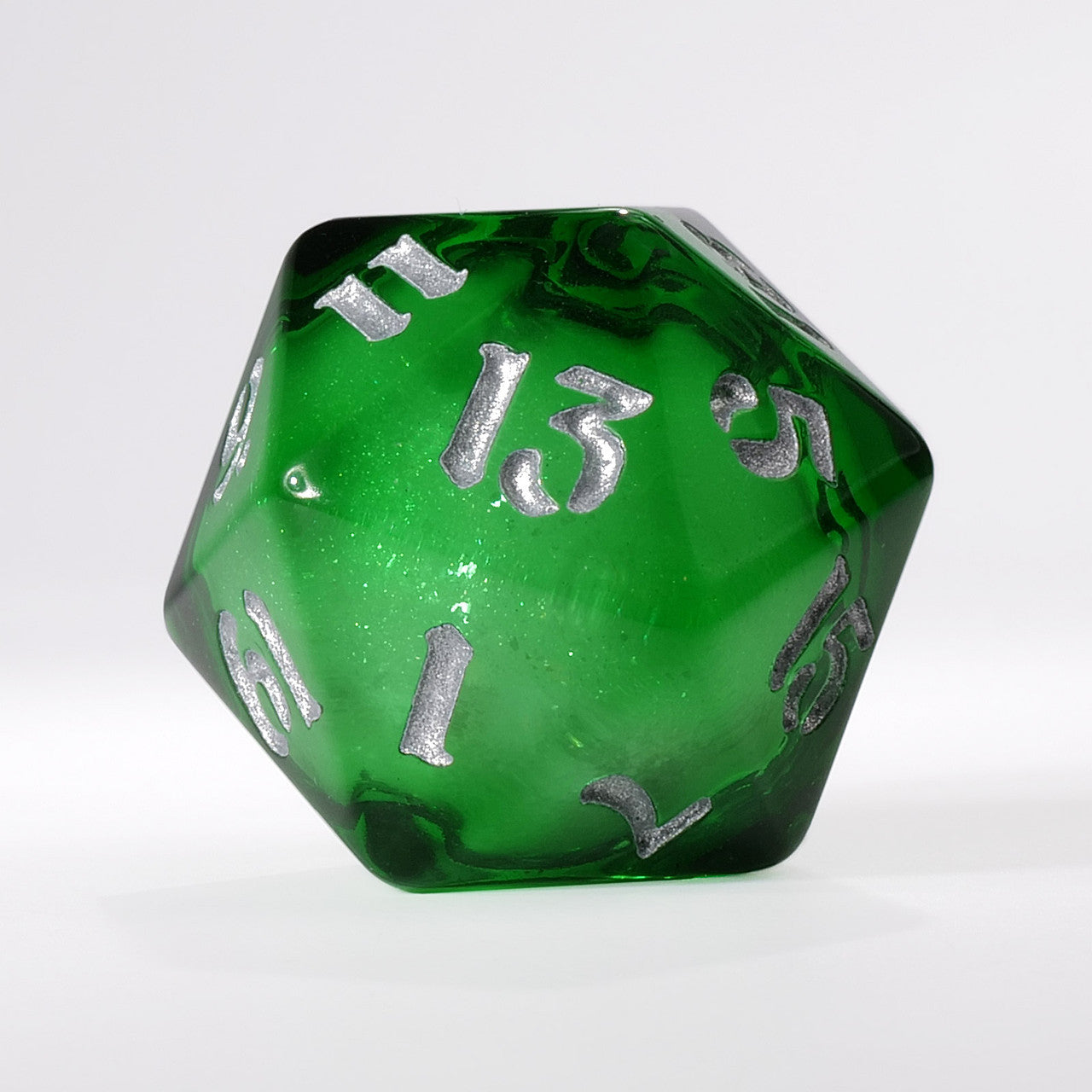 Dark Green Liquid Core Single D20 with Silver Ink