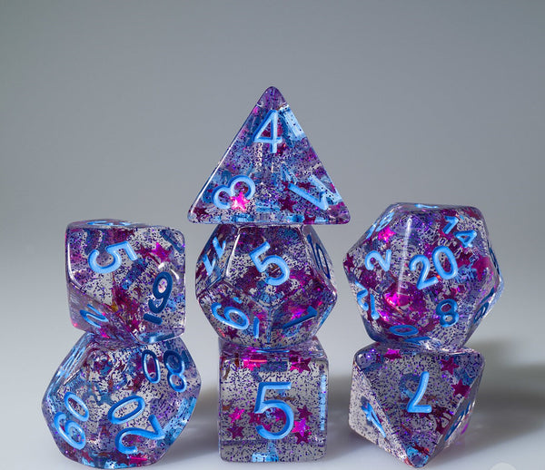 Magenta Glitter and Purple Stars with Blue Ink 7pc Polyhedral Dice Set ...